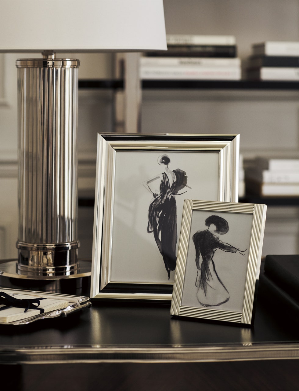 Allen Table Lamp in Polished Nickel and Glass Rods with White Paper Shade