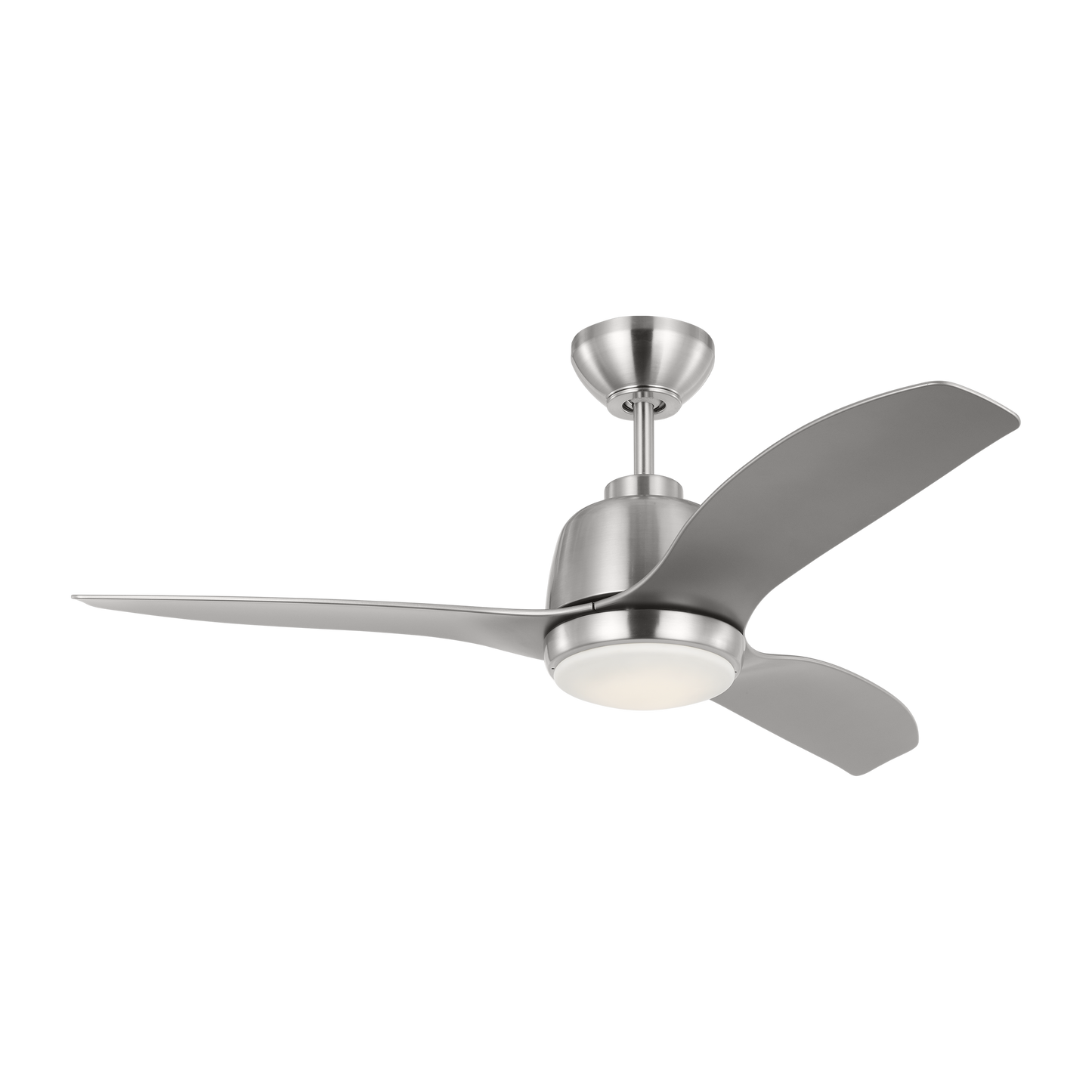 Avila 44-inch indoor/outdoor LED ceiling fan in brushed steel finish with silver blades, light kit, and handheld remote control