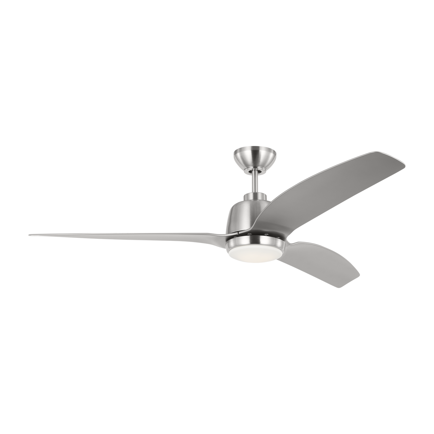 Avila 60-inch indoor/outdoor LED ceiling fan in brushed steel finish with silver blades, light kit, and handheld remote control
