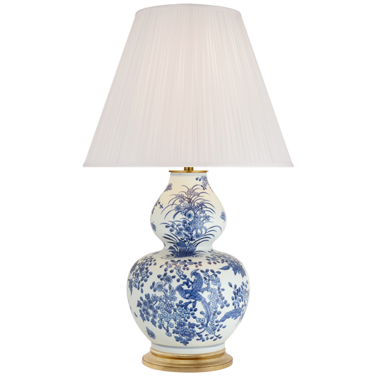 Sydnee Large Gourd Table Lamp in Blue and White Porcelain with Silk Pleated Shade