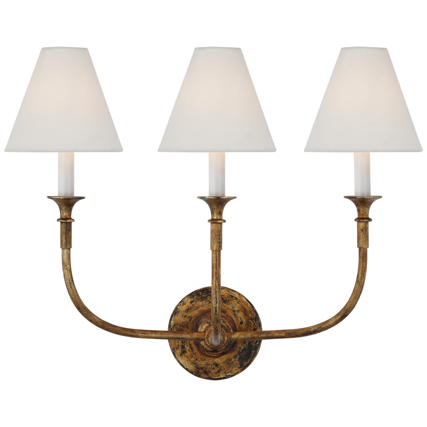 Piaf Triple Sconce in Antique Gild with Linen Shades