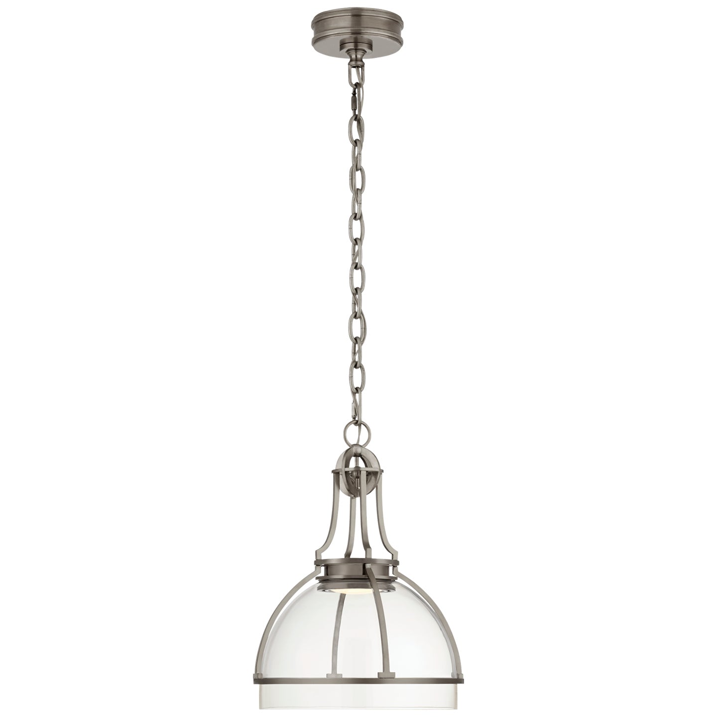 Gracie Large Captured Globe Pendant in Antique-Burnished Brass with Clear Glass.