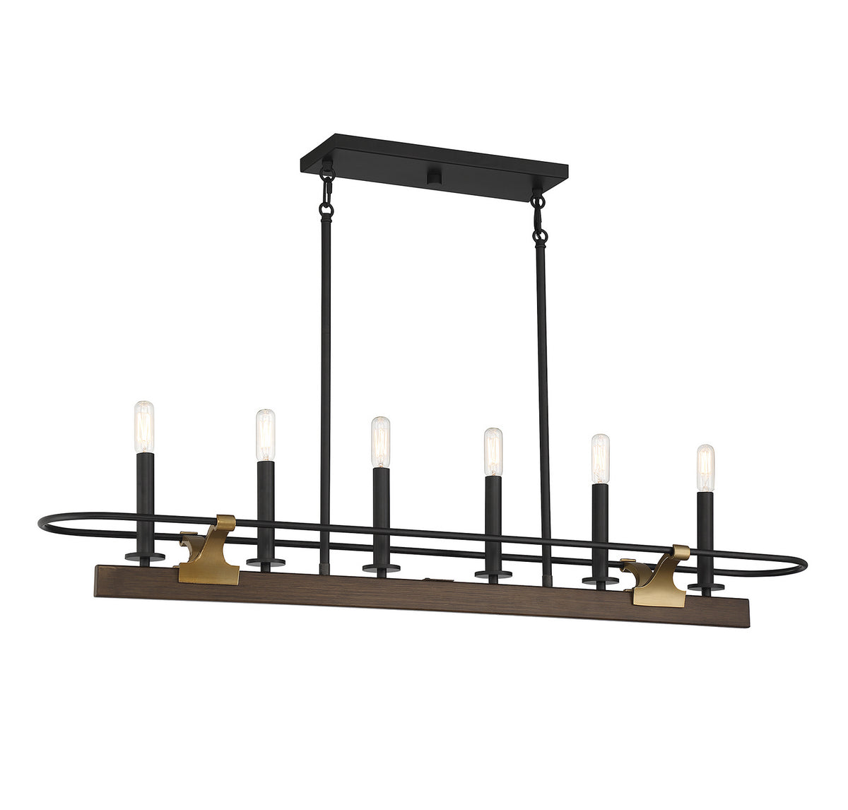 Icarus Six Light Linear Chandelier in Burnished Brass W/ Walnut