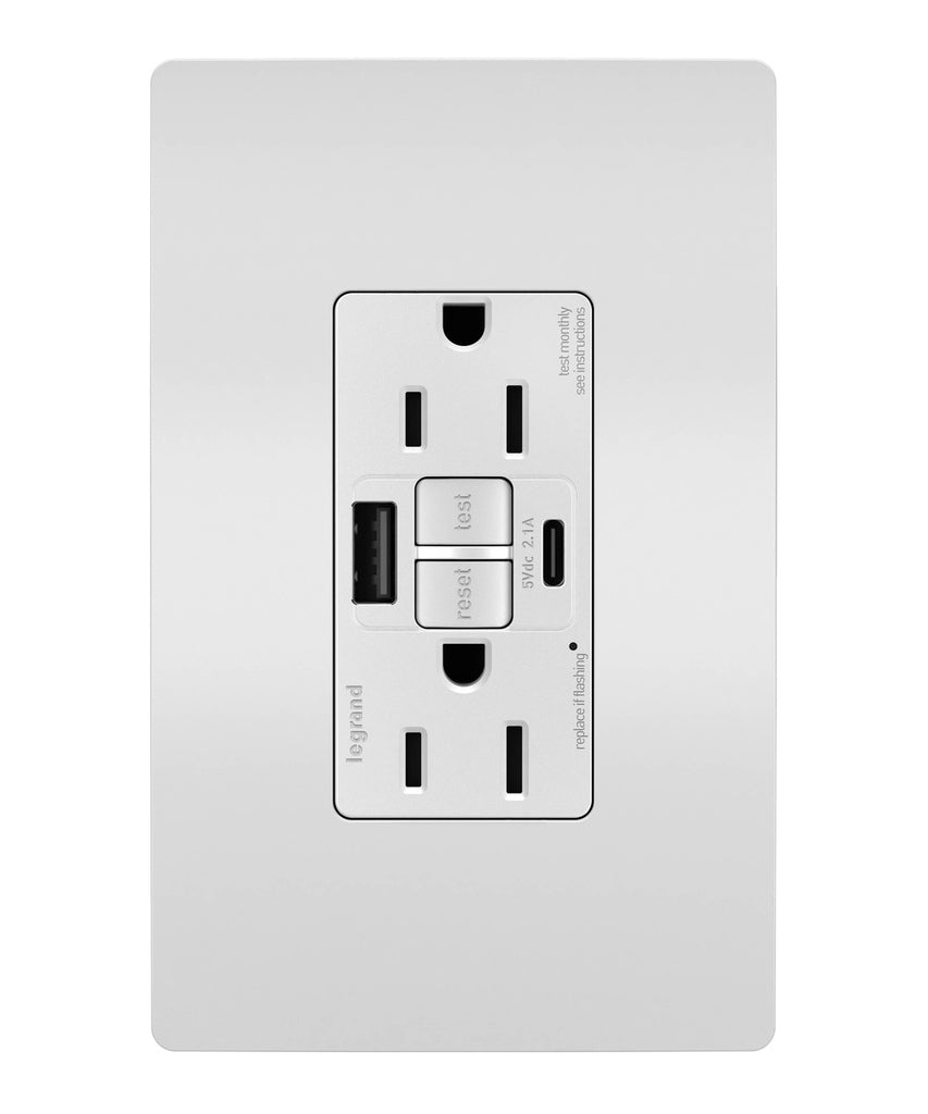Tamper-Resistant 15A Duplex Self-Test GFCI Receptacles with SafeLock Protection, USB Type A/C White in White