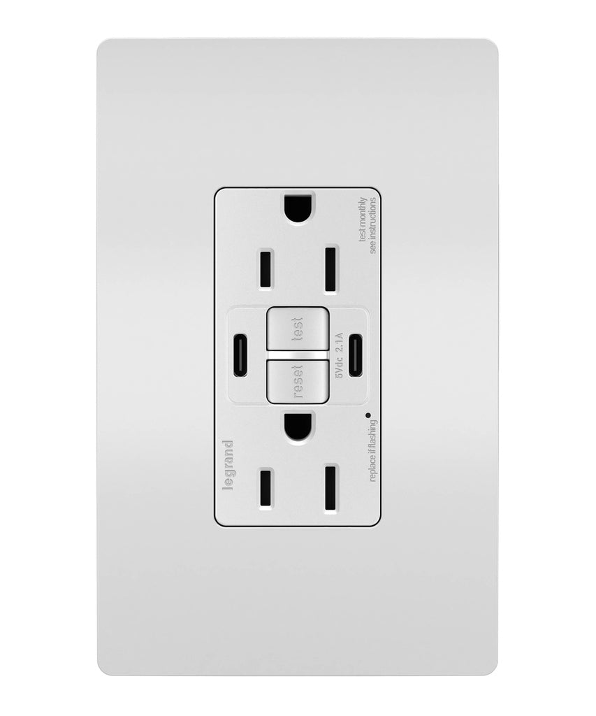Tamper-Resistant 15A Duplex Self-Test GFCI Receptacles with SafeLock Protection, USB Type C/C in White