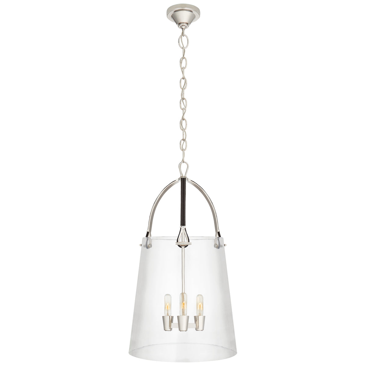 Julian Three Light Lantern in Polished Nickel and Chocolate Leather