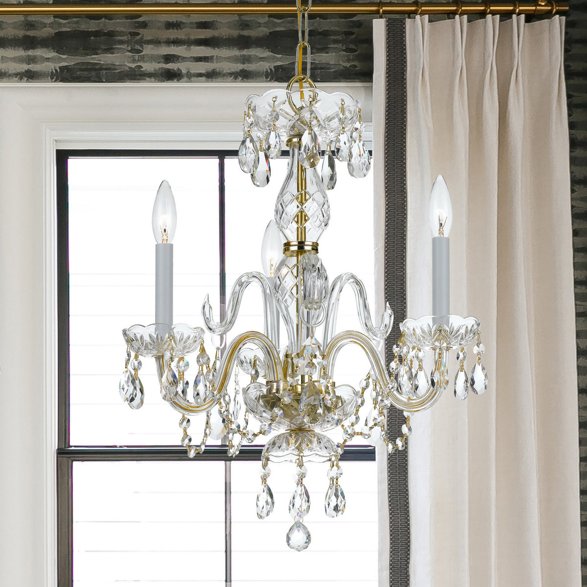 Traditional Crystal Three Light Mini Chandelier in Polished Brass