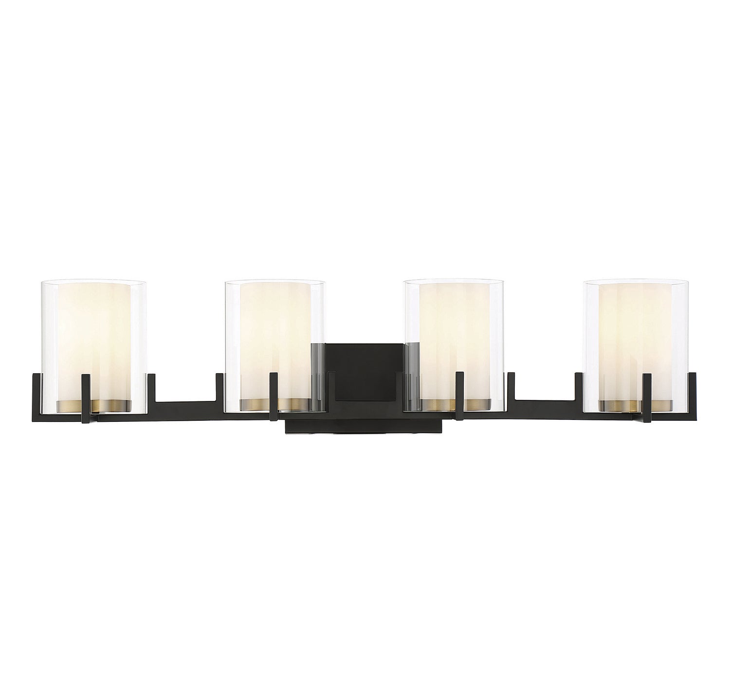 Eaton Four Light Bathroom Vanity in Matte Black with Warm Brass Accents