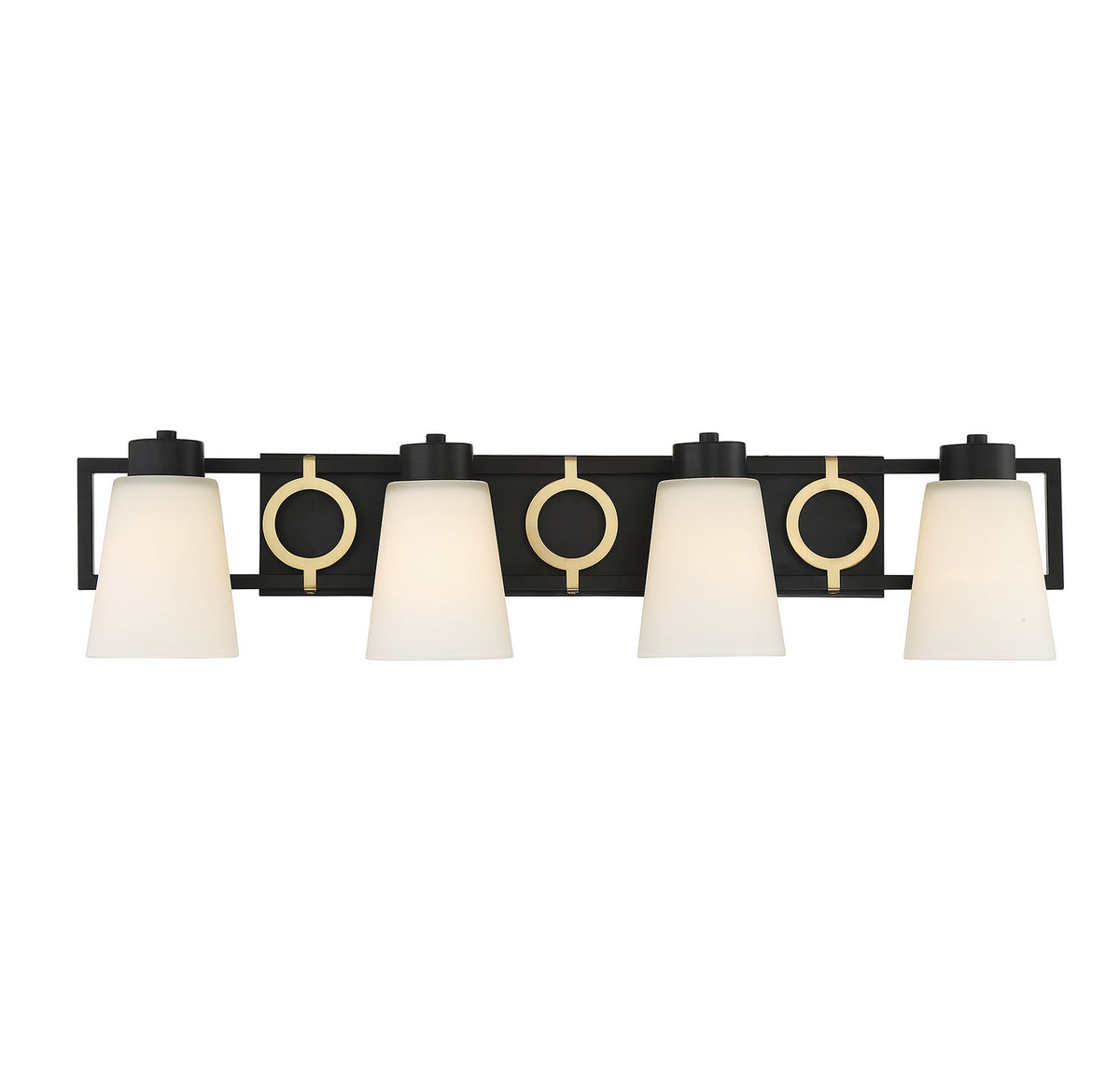 Russo Four Light Bathroom Vanity in Matte Black w/ Warm Brass
