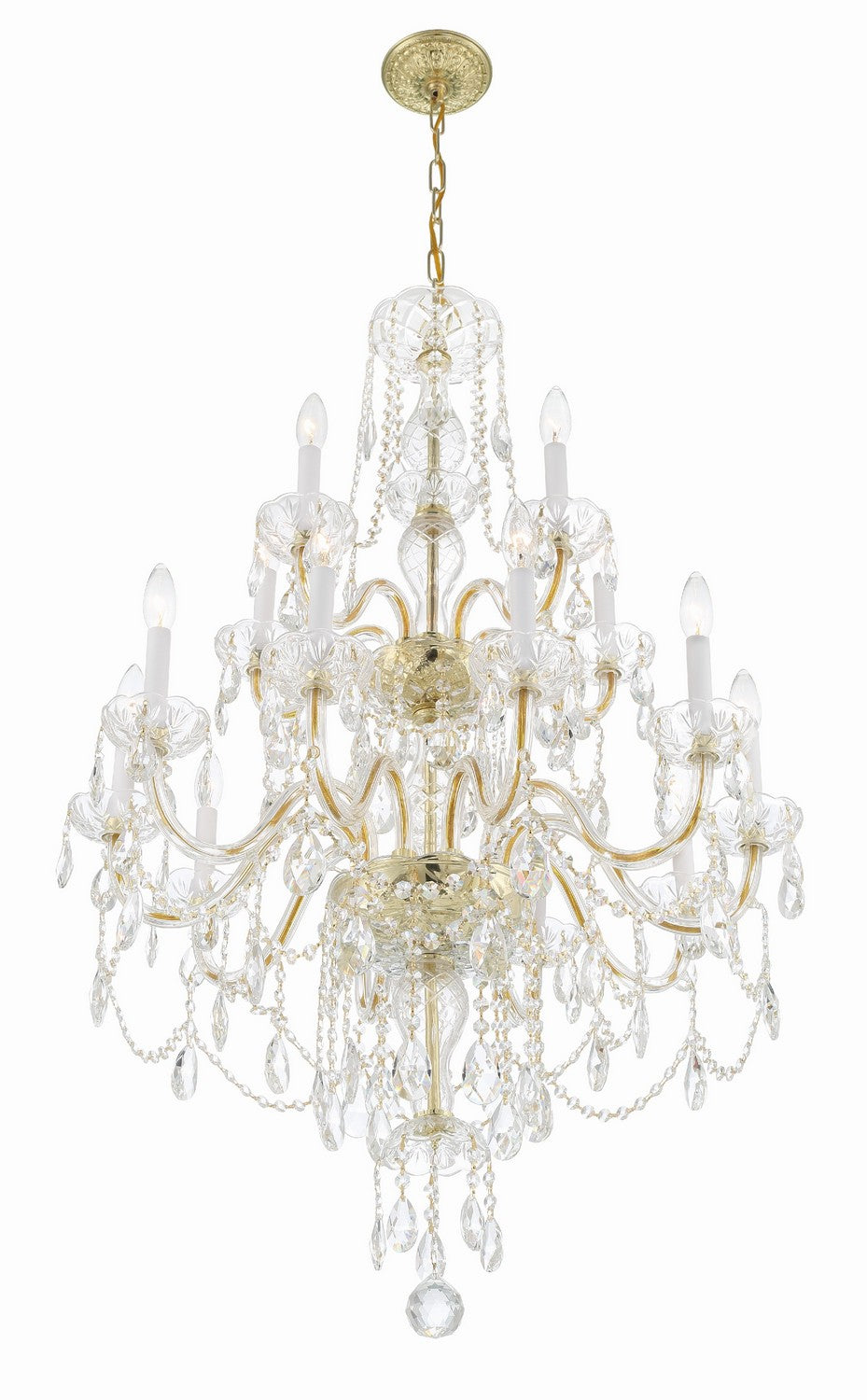 Traditional Crystal 15 Light Chandelier in Polished Brass