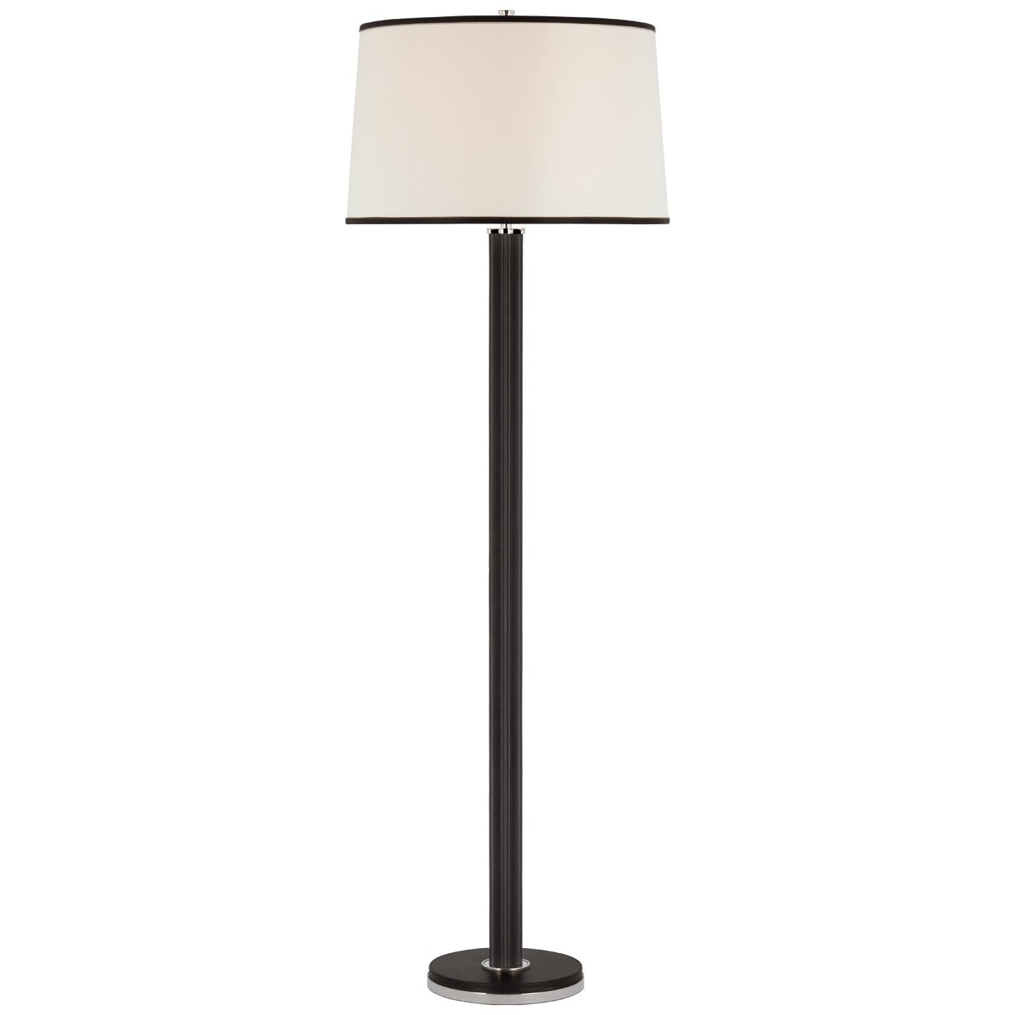 Riley Large Floor Lamp in Polished Nickel and Chocolate Leather with Leather Trimmed Linen Shade