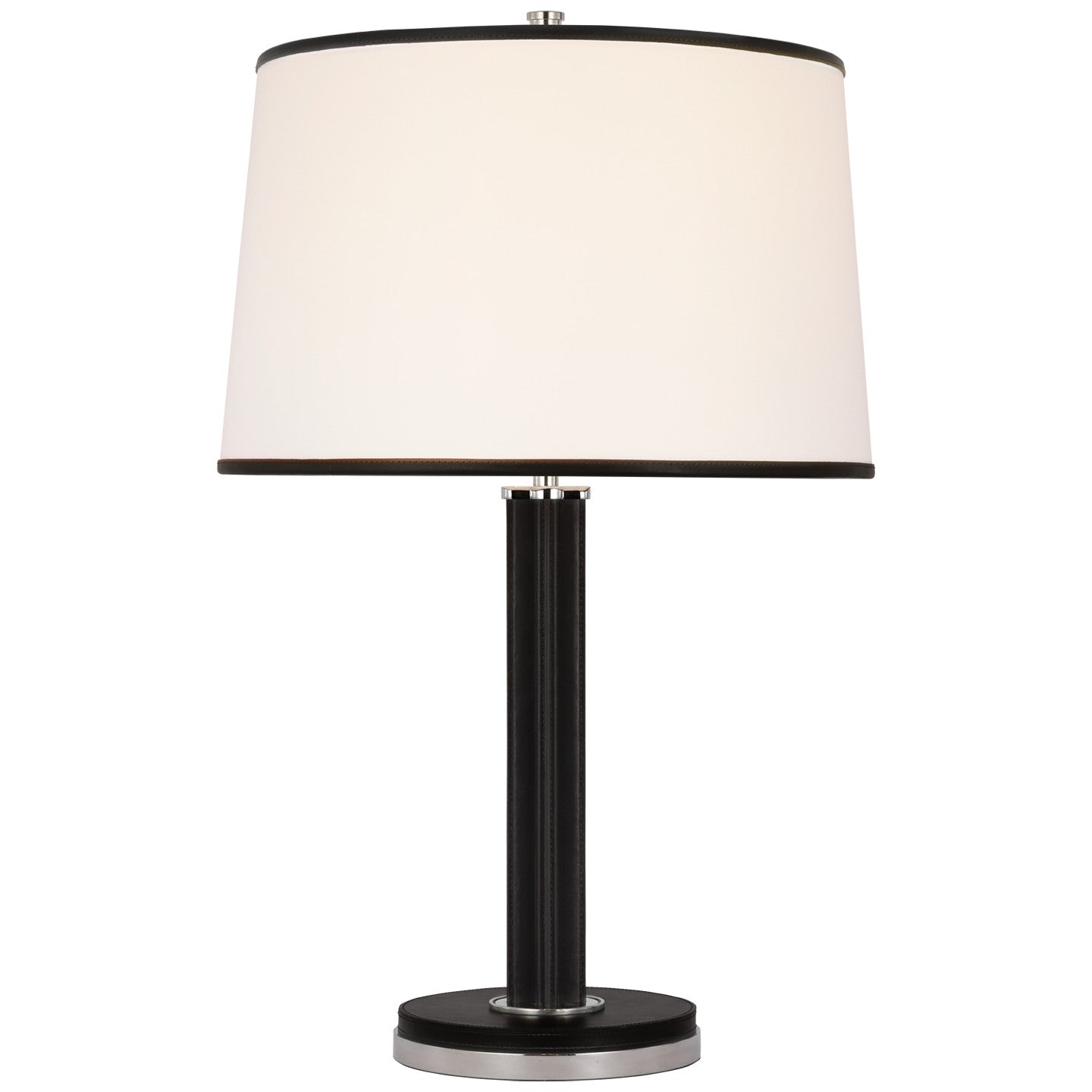 Riley Medium Table Lamp in Polished Nickel and Chocolate Leather with Leather Trimmed Linen Shade