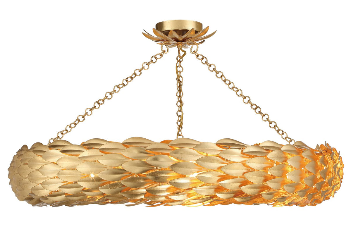 Broche Eight Light Semi Flush Mount in Antique Gold
