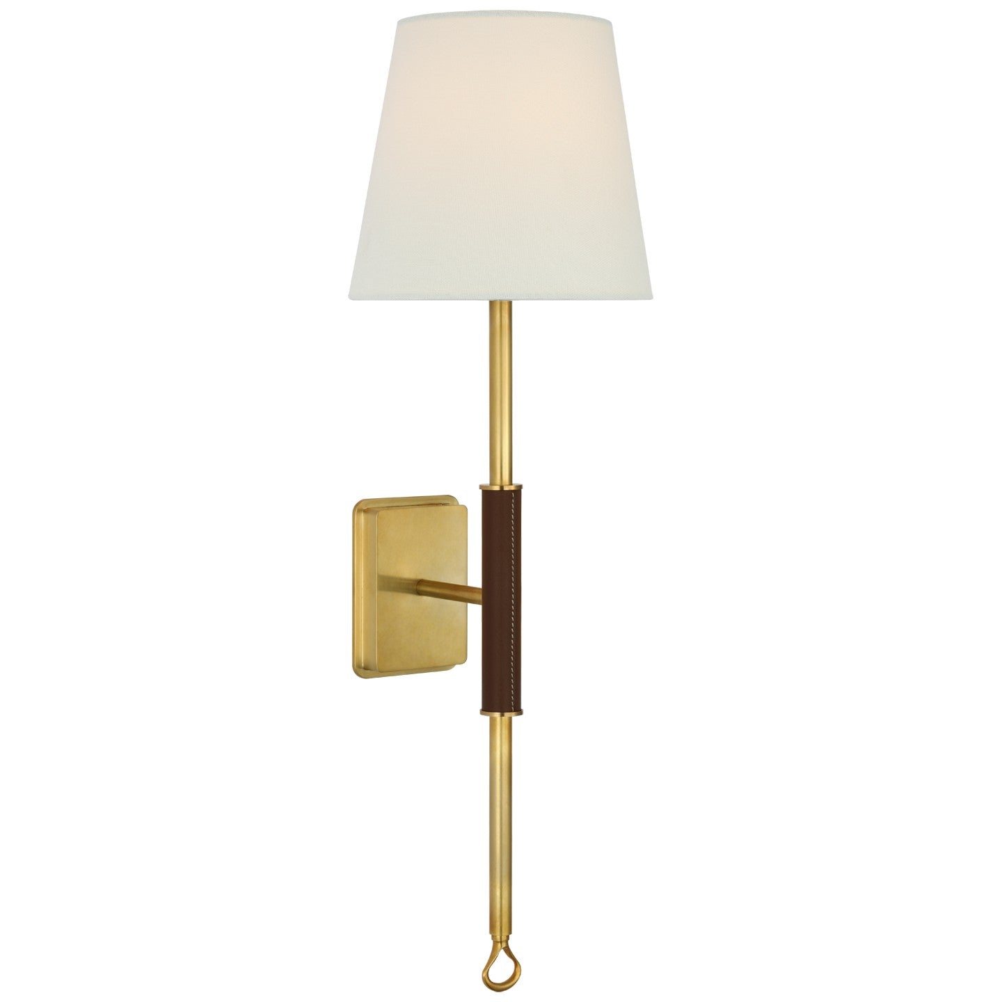 Griffin Tail Sconce in Hand-Rubbed Antique Brass and Saddle Leather w/ Linen Shade