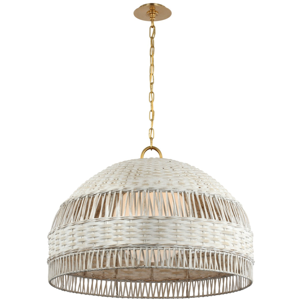 Whit LED Pendant in Soft Brass and White Wicker