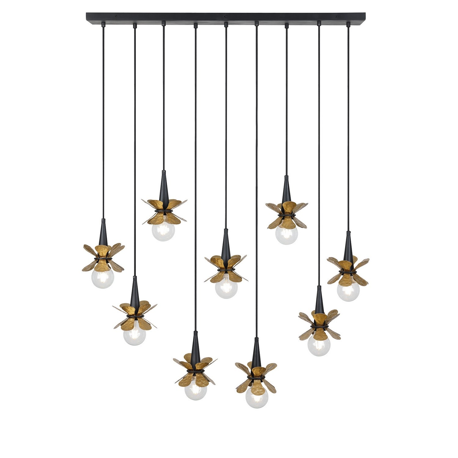 Portinatx Nine Light Linear Chandelier in Satin Black with Hammered Gold