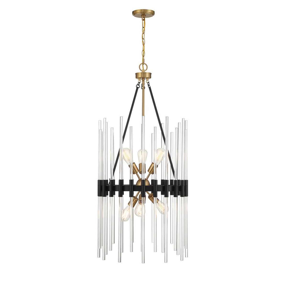 Santiago Six Light Pendant in Matte Black with Warm Brass Accents