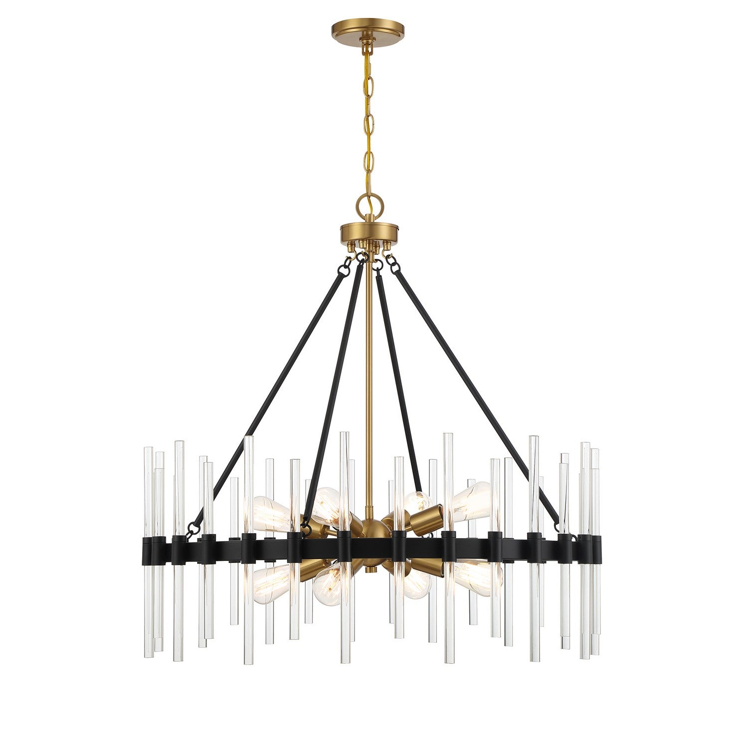 Suspension Santiago à huit lumières en noir mat avec des accents de laiton chaud