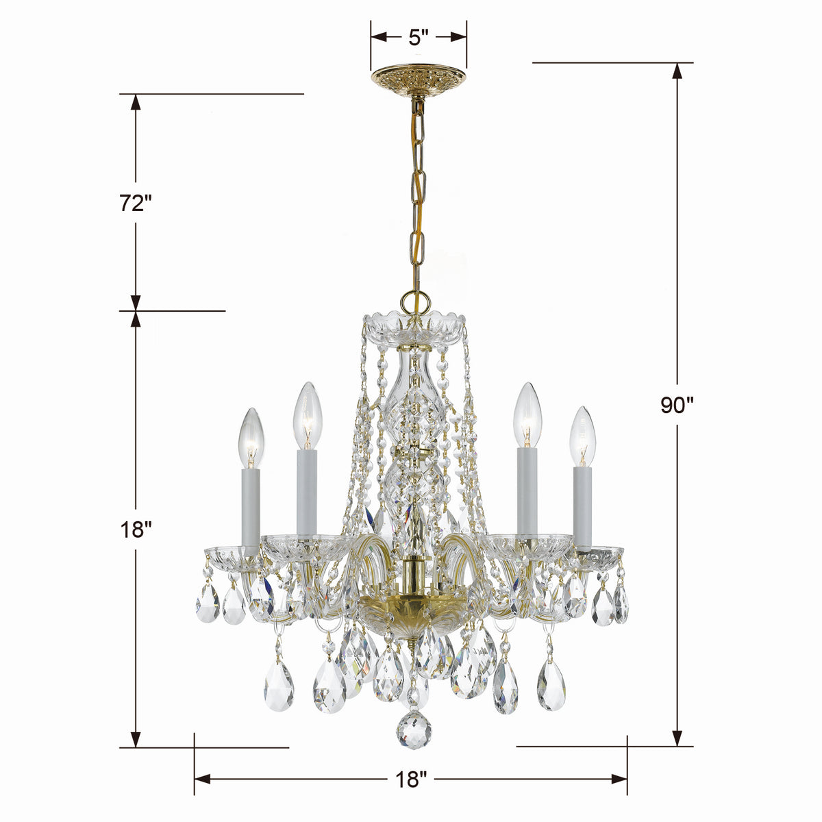 Traditional Crystal Five Light Mini Chandelier in Polished Brass
