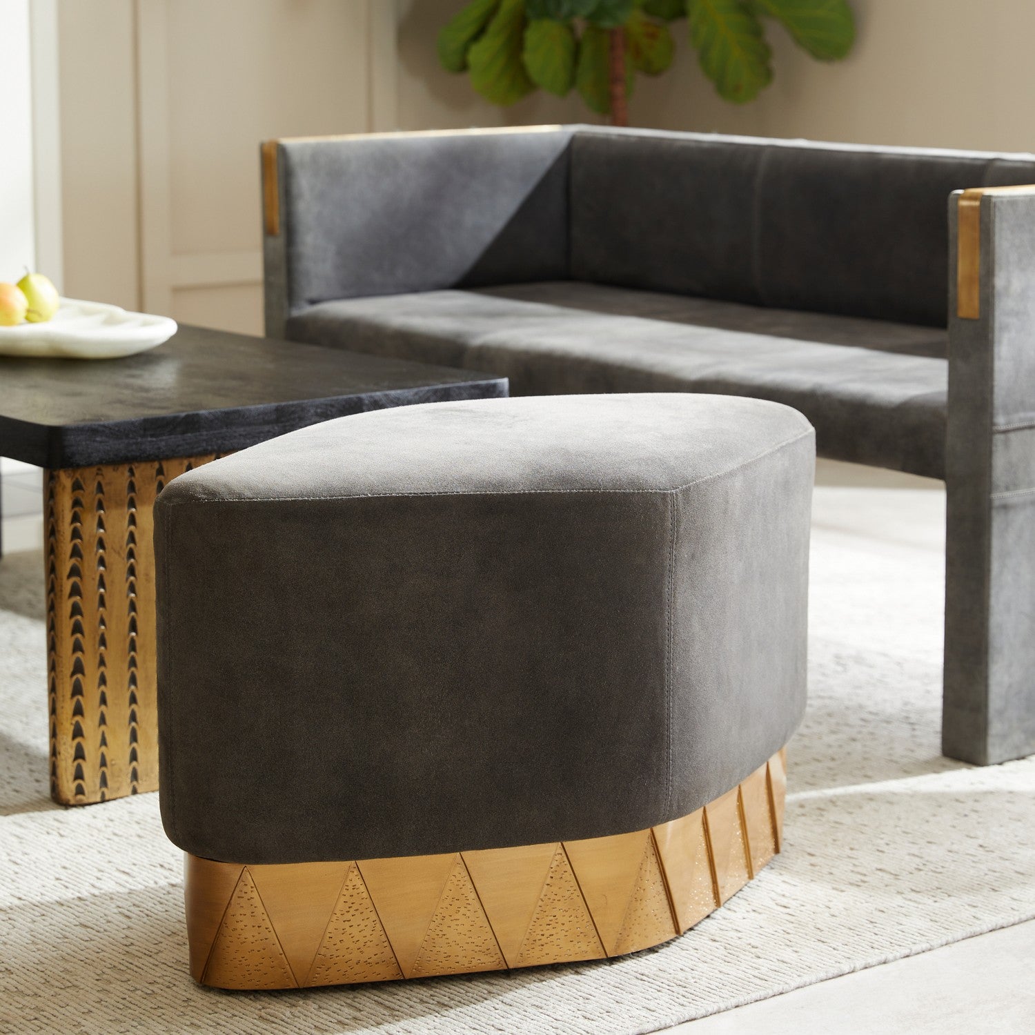 Duvall Ottoman in Slate Grey/Antique Brass