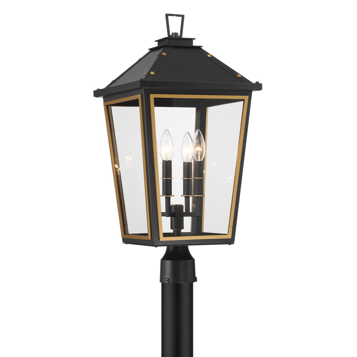 Hawkins Four Light Outdoor Post Mount in Matte Black + Textured Gold