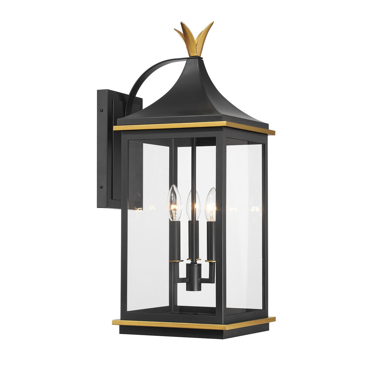 Simpson Three Light Outdoor Wall Sconce in Matte Black + Textured Gold
