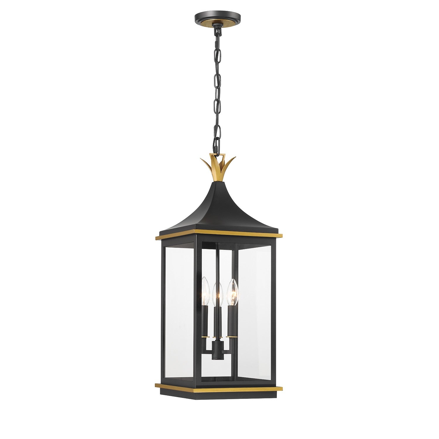 Simpson Three Light Outdoor Pendant in Matte Black + Textured Gold