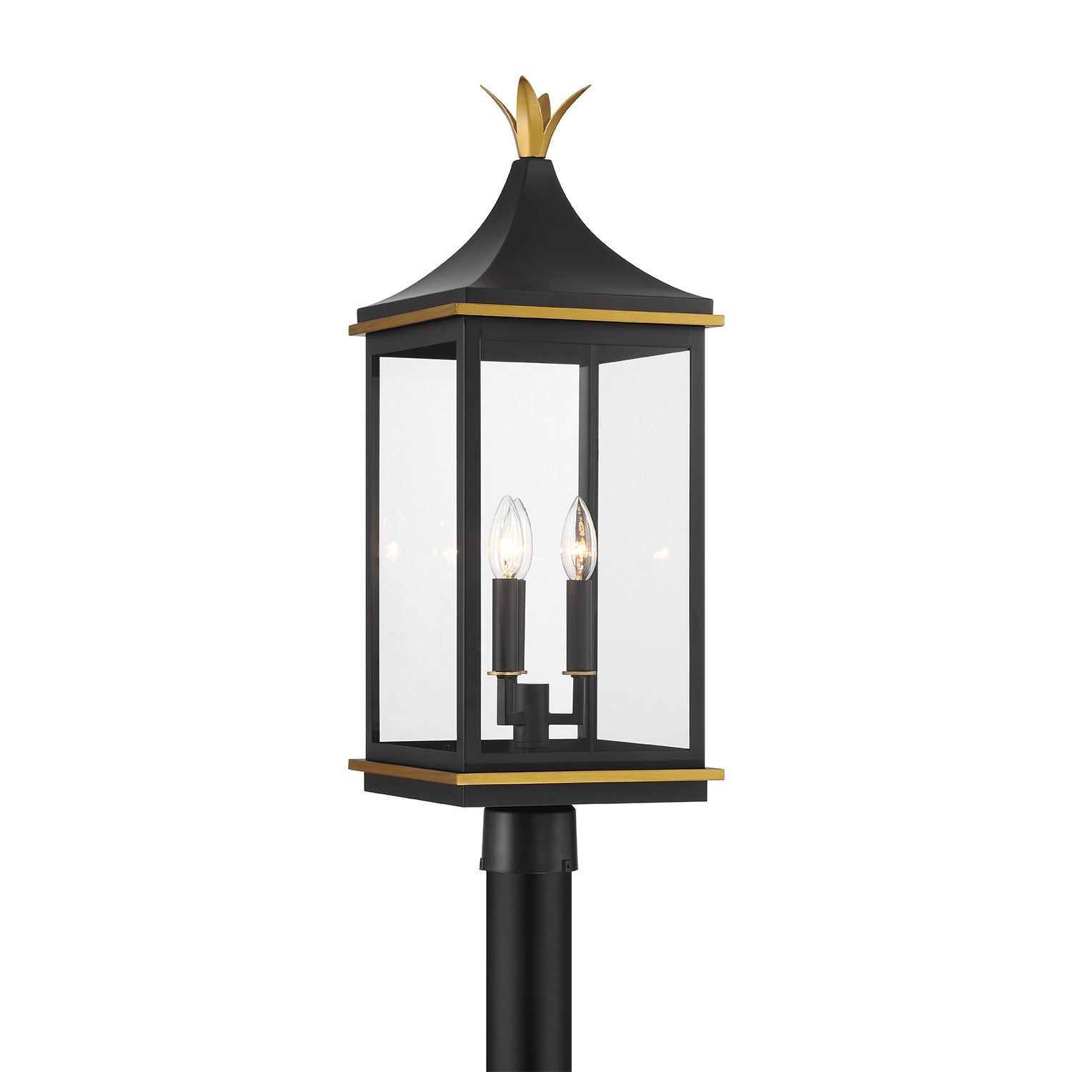 Simpson Three Light Outdoor Post Mount in Matte Black + Textured Gold