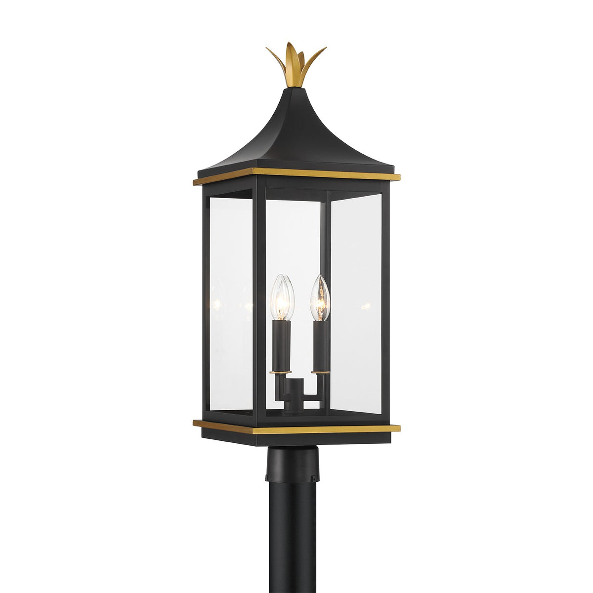 Simpson Three Light Outdoor Post Mount in Matte Black + Textured Gold