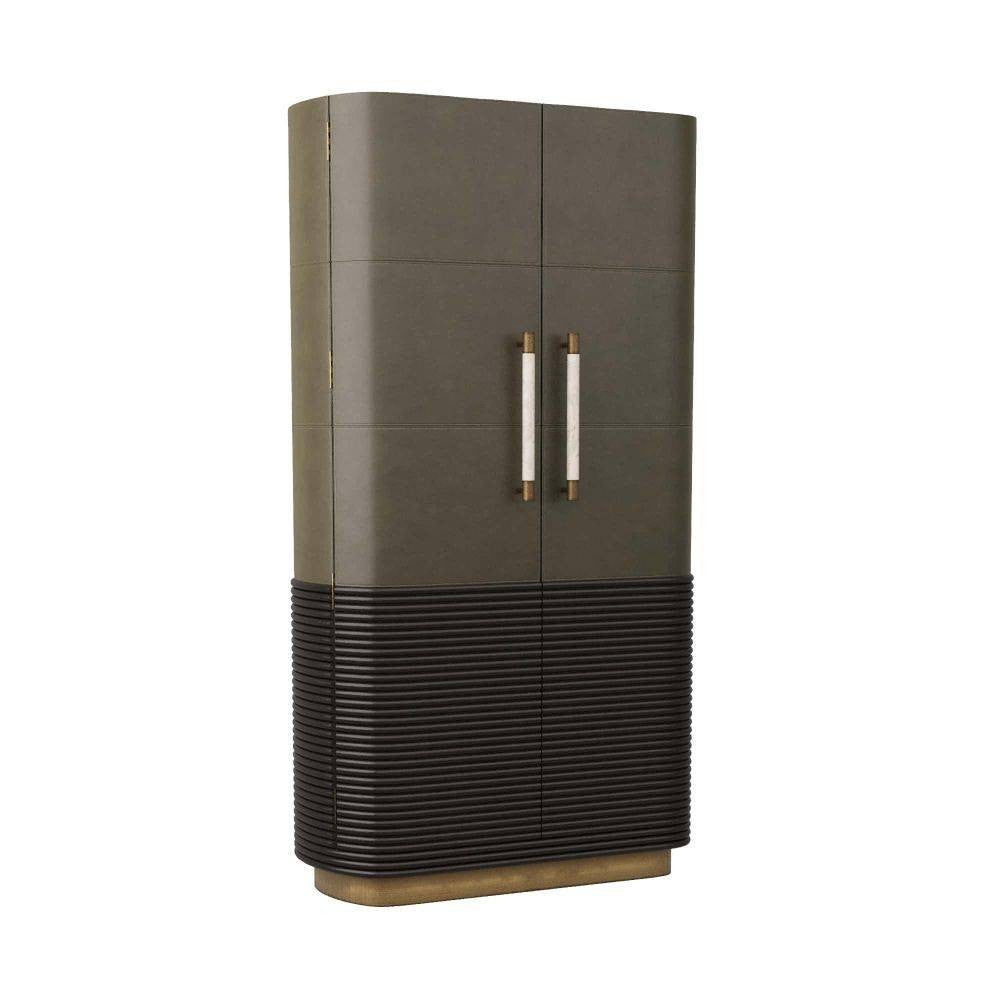 Sherbourne Cabinet in Graphite Leather/Umder Oak/White Marble/Antique Brass