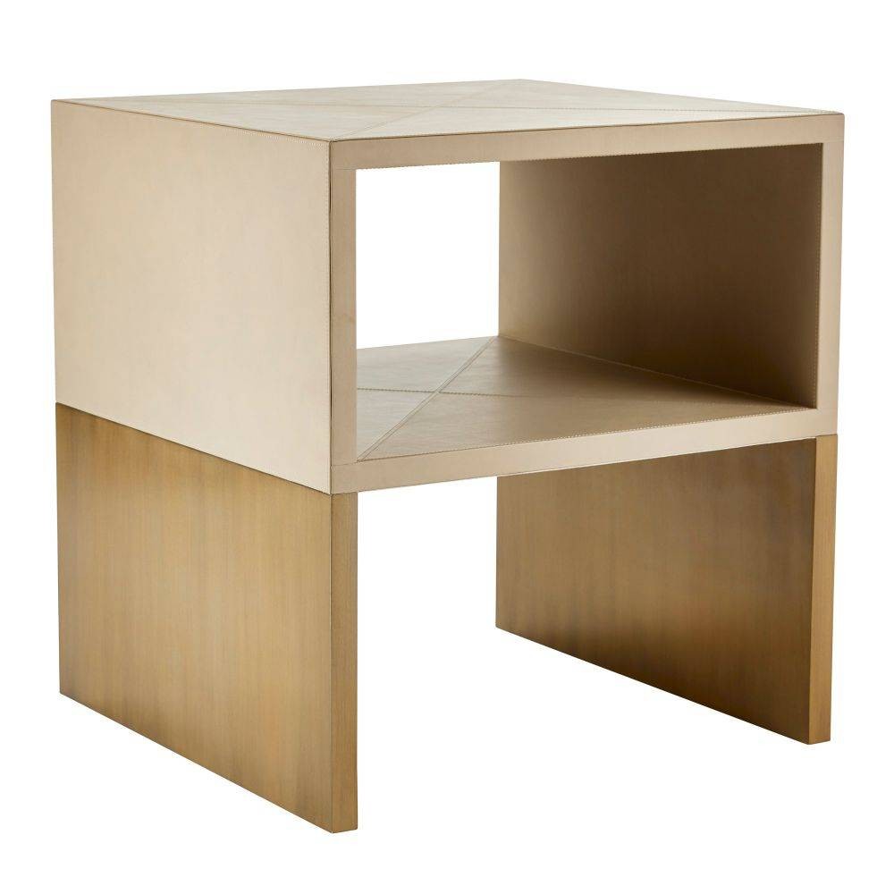 Talcon End Table in Dove Leather/Antique Brass Clad