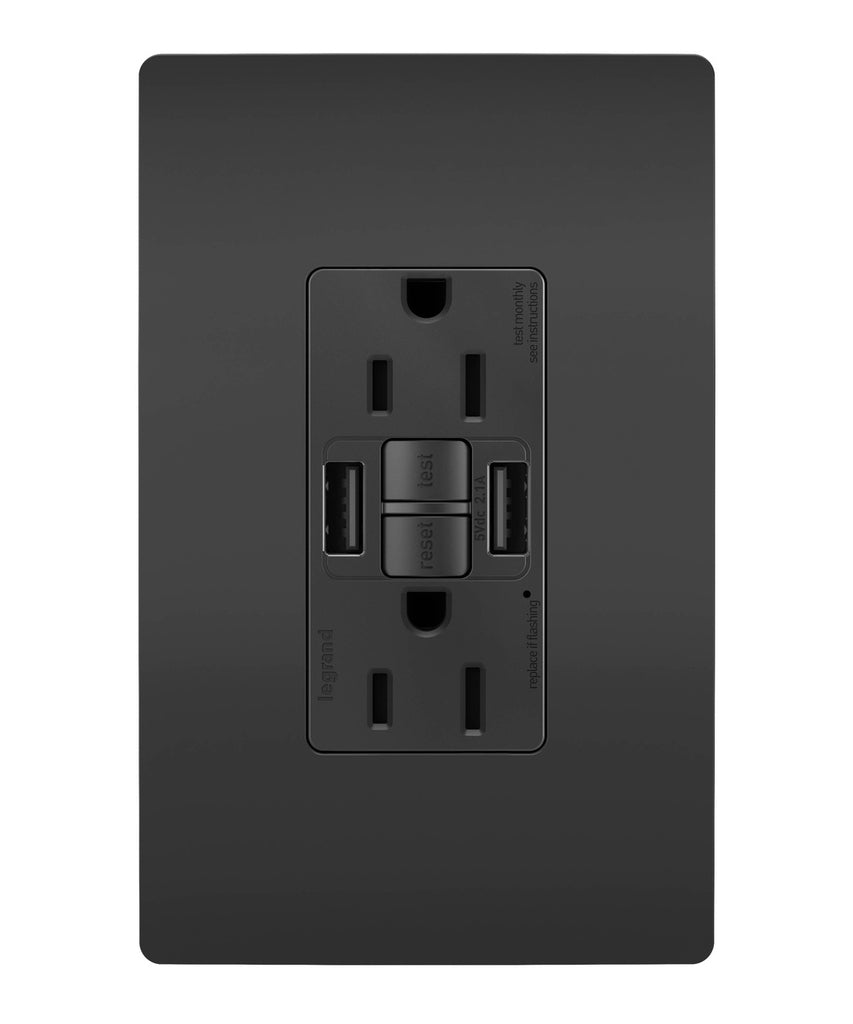 Tamper-Resistant 15A Duplex Self-Test GFCI Receptacles with SafeLock Protection, USB Type A/A