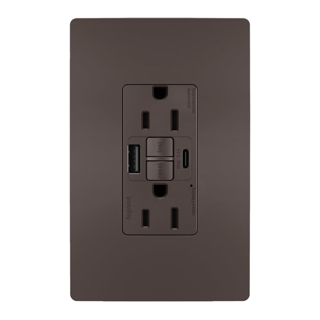 Tamper-Resistant 15A Duplex Self-Test GFCI Receptacles with SafeLock Protection, USB Type A/C