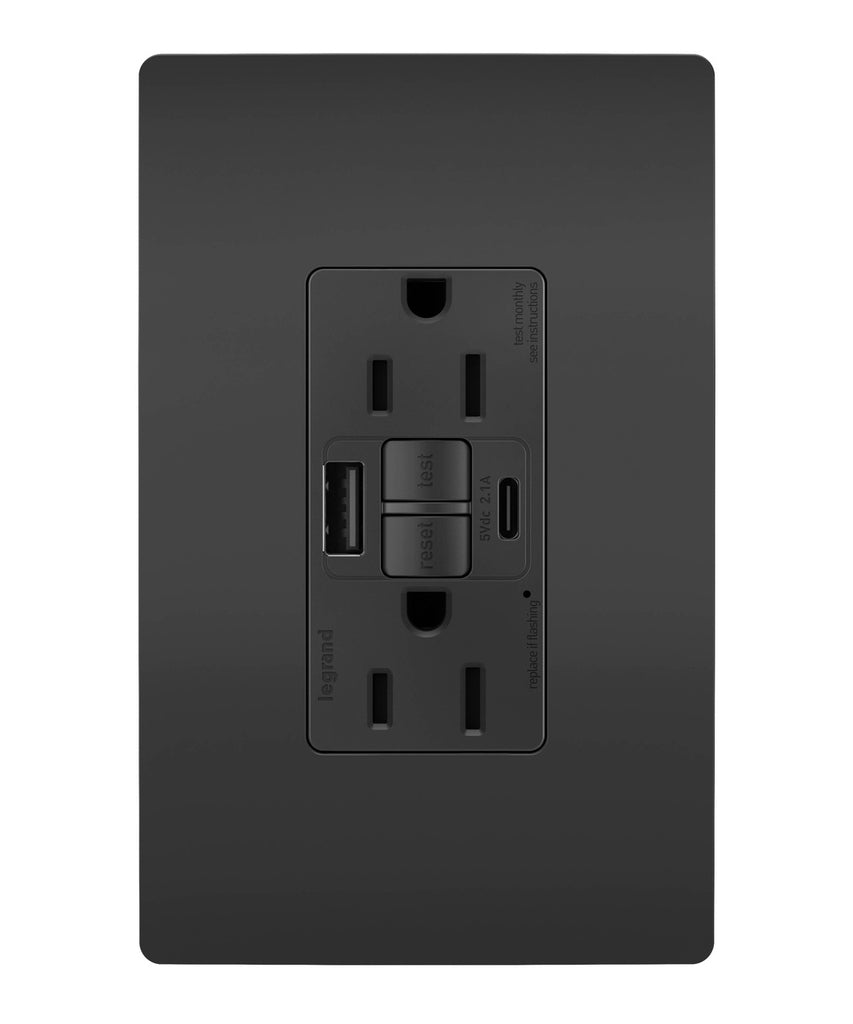 Tamper-Resistant 15A Duplex Self-Test GFCI Receptacles with SafeLock Protection, USB Type A/C