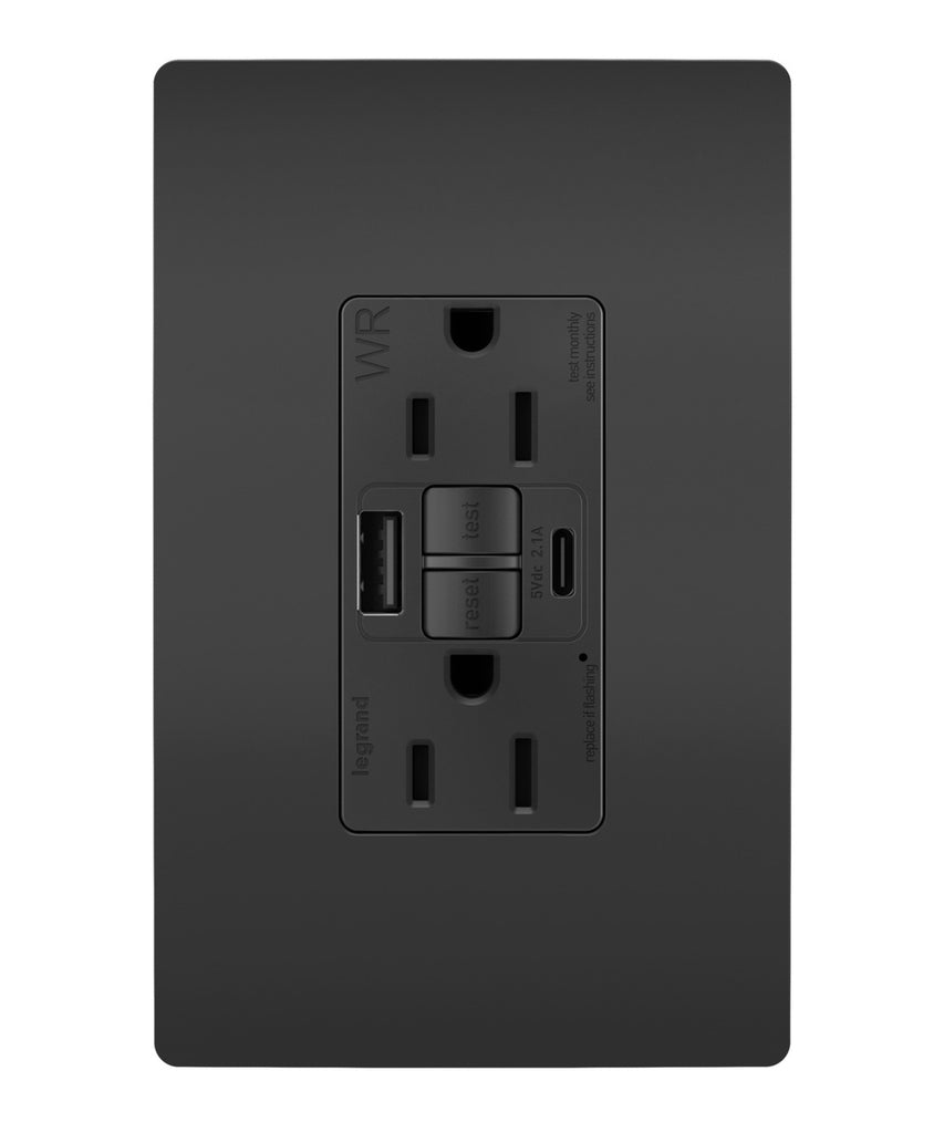 Tamper Weather-Resistant 15A Duplex Self-Test GFCI Receptacles w SafeLock, USB Type A/C Outlets