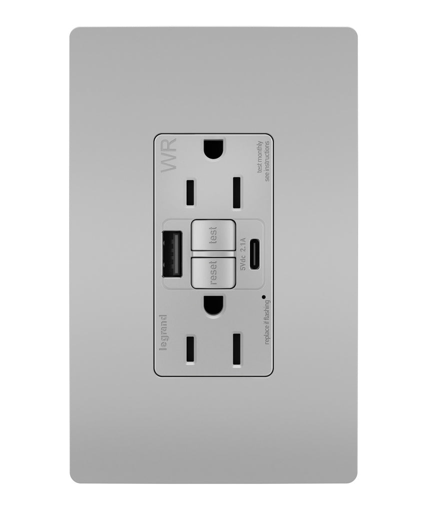 Tamper Weather-Resistant 15A Duplex Self-Test GFCI Receptacles w SafeLock, USB Type A/C Outlets