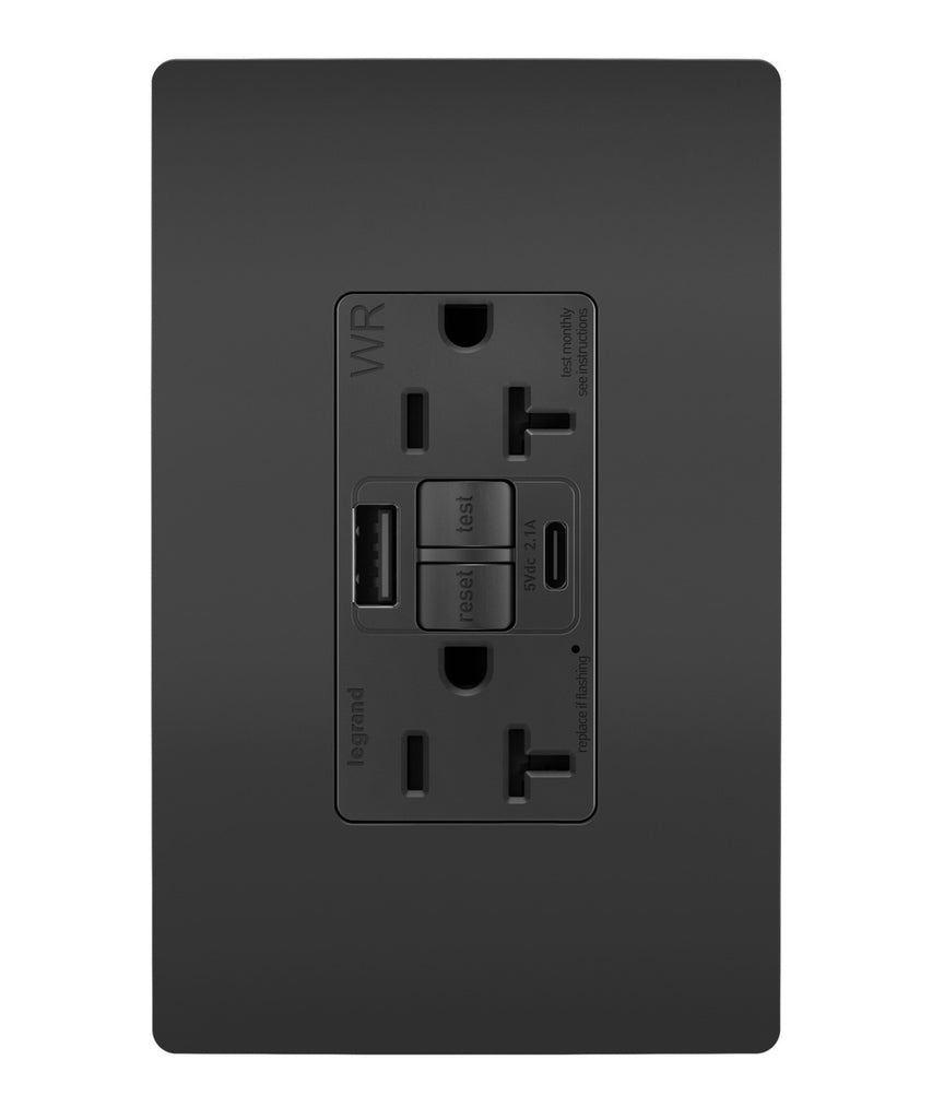 Tamper Weather-Resistant 20A Duplex Self-Test GFCI Receptacles w SafeLock, Type A/C Outlet in Black