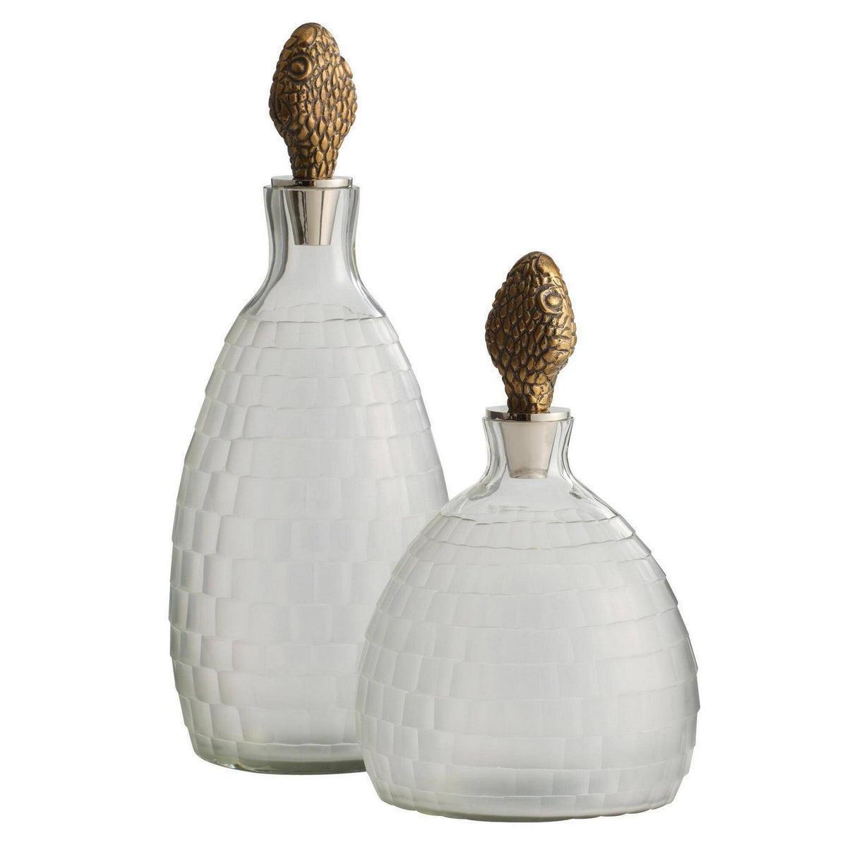 Ophis Decanters, Set of 2 in Antique Brass/Frosted