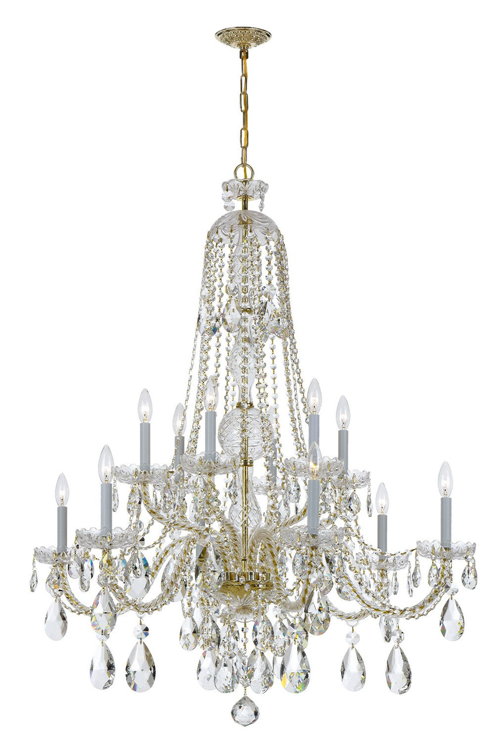 Traditional Crystal 12 Light Chandelier in Polished Brass