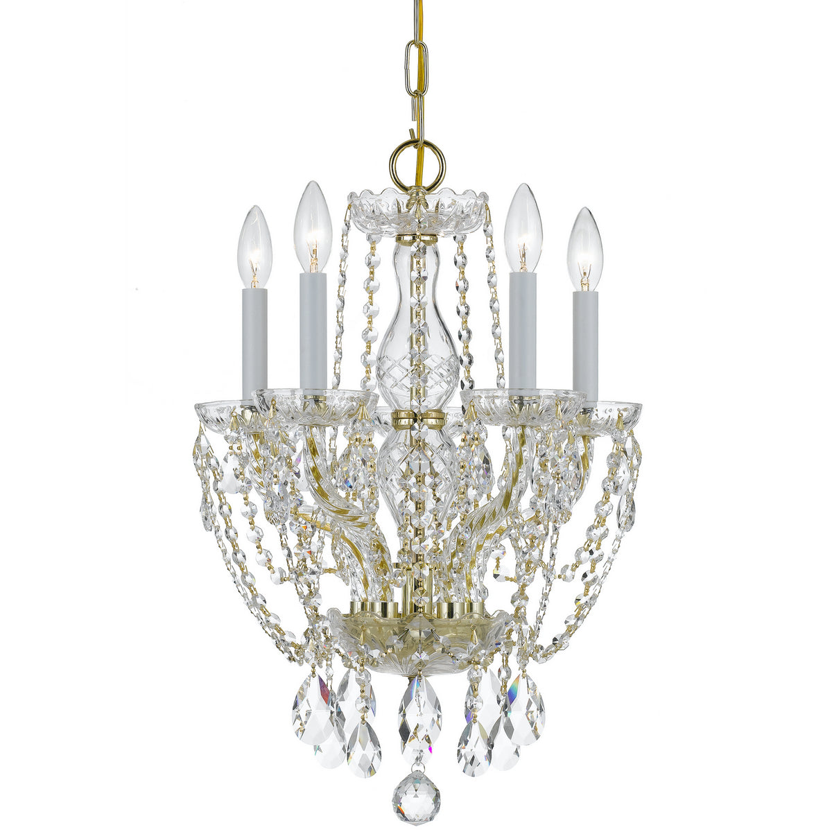 Traditional Crystal Five Light Mini Chandelier in Polished Brass