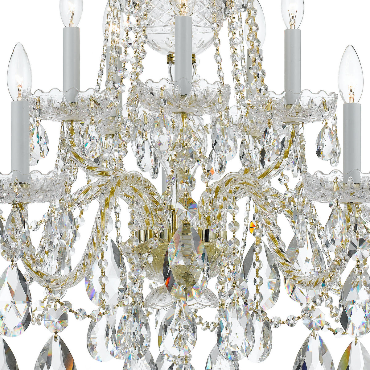 Traditional Crystal Ten Light Chandelier in Polished Brass