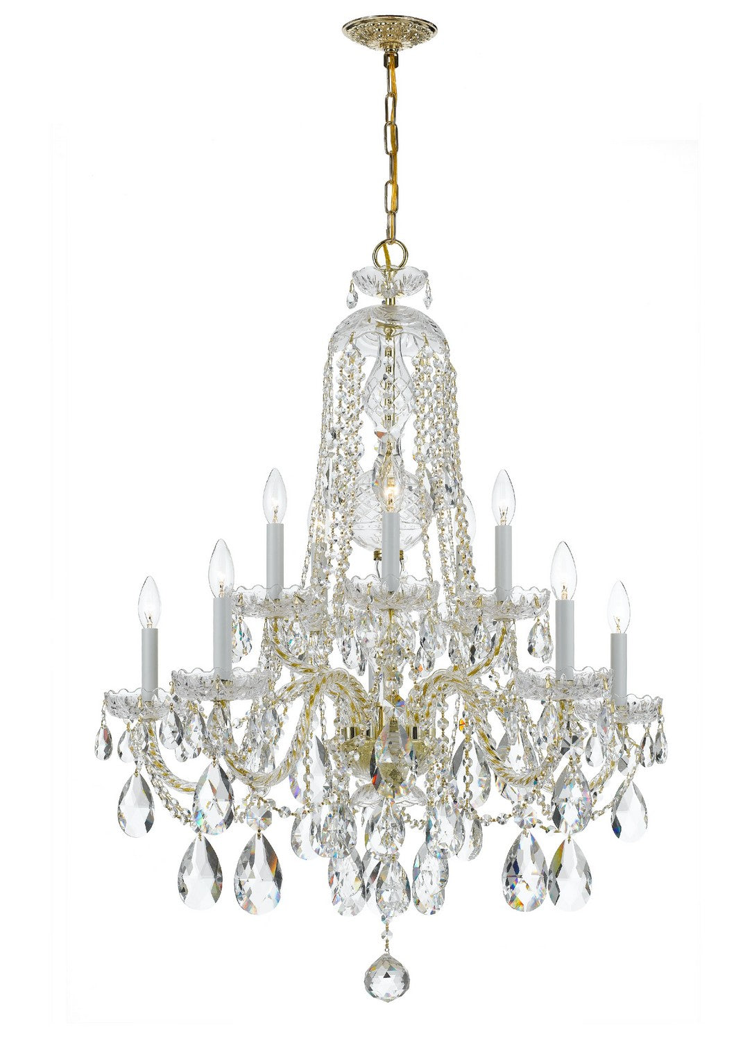 Traditional Crystal Ten Light Chandelier in Polished Brass