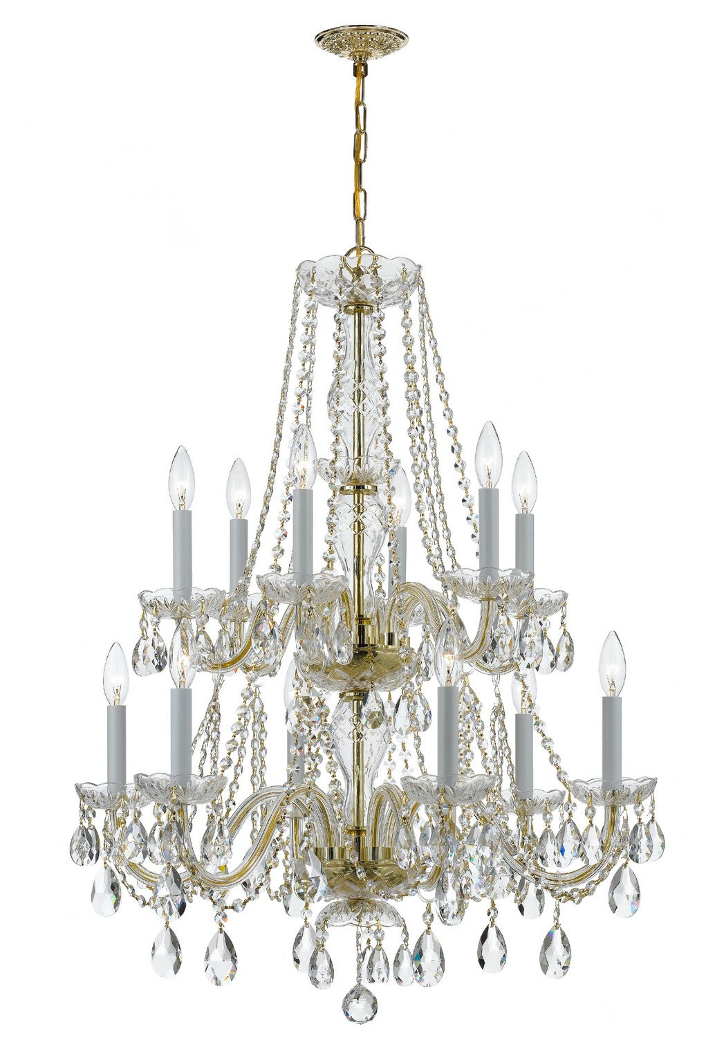 Traditional Crystal 12 Light Chandelier in Polished Brass