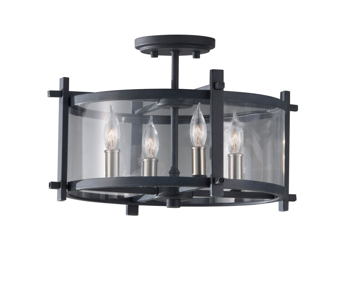 Plafonnier Ethan à quatre lumières en fer forgé antique / acier brossé