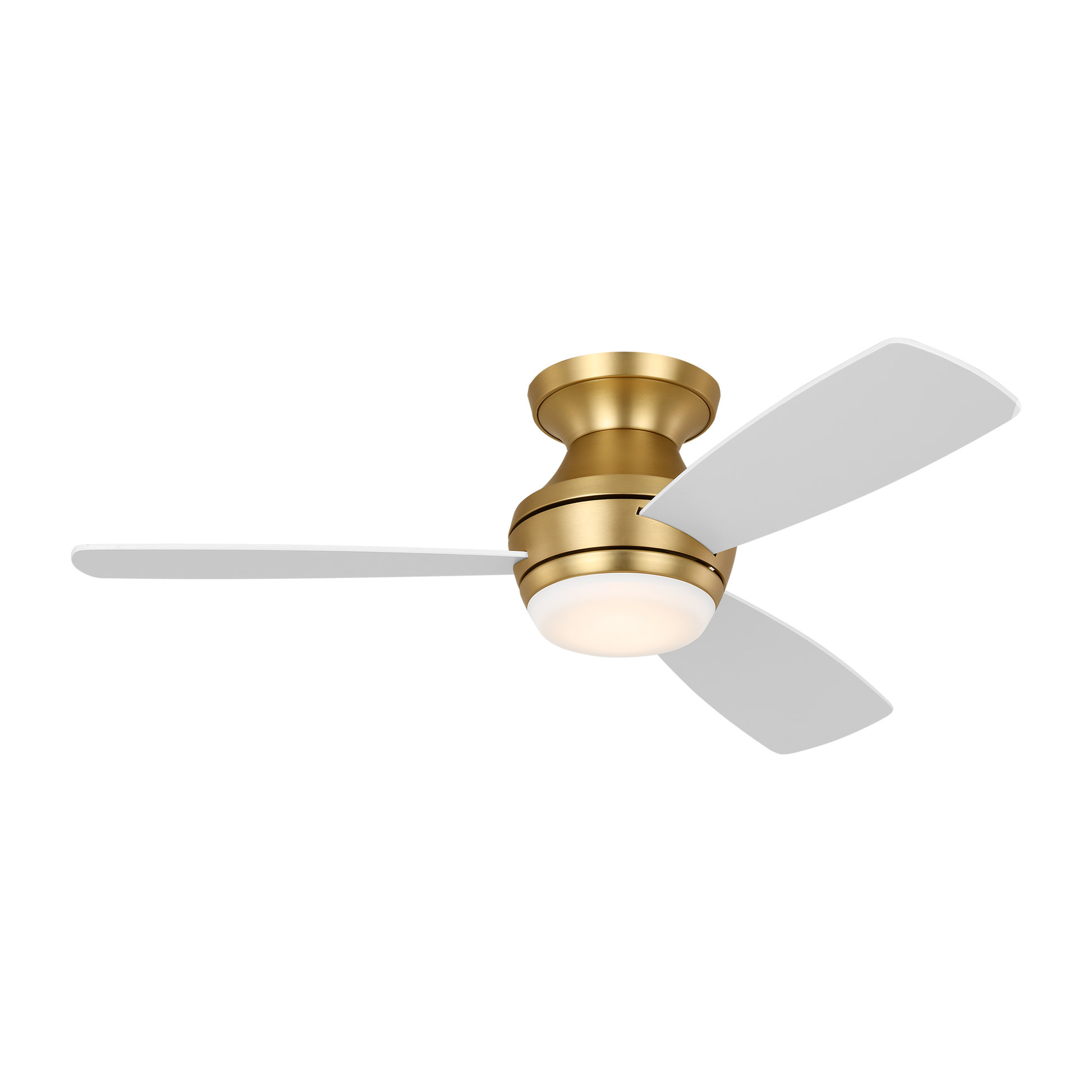 Ikon 44-inch indoor hugger LED fan in Burnished Brass with Matte White blades with light kit and handheld 4-speed dimming remote included