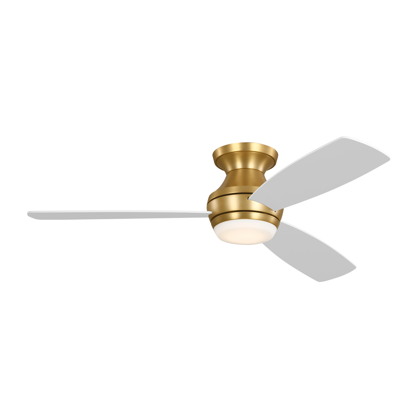 Ikon 52-inch indoor hugger LED fan in Burnished Brass with Matte White blades with light kit and handheld 4-speed dimming remote included