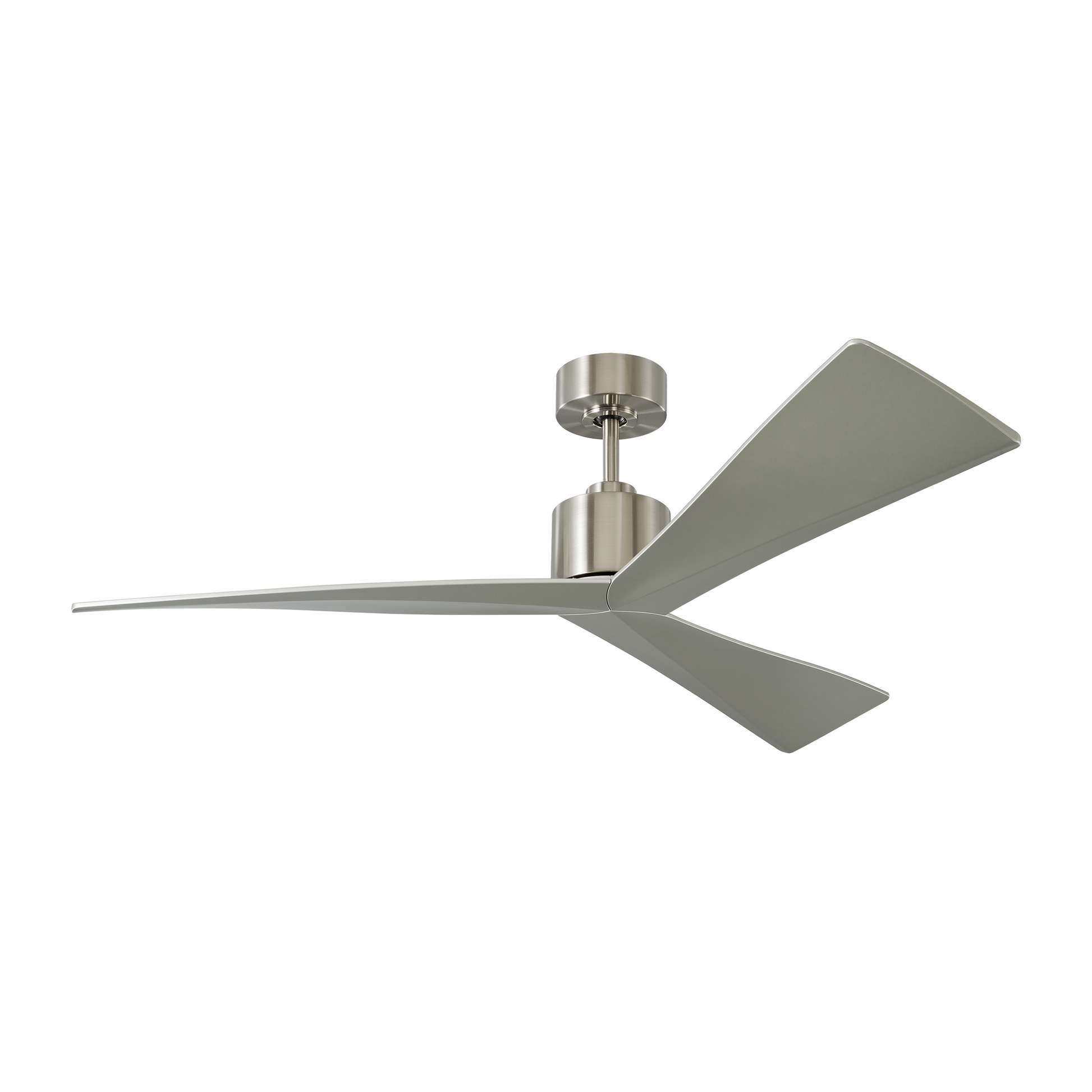 Adler 52-inch indoor/outdoor Energy Star ceiling fan in brushed steel silver finish with silver blades, reversible DC motor, and handheld remote control included