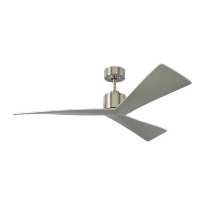 Adler 52-inch indoor/outdoor Energy Star ceiling fan in brushed steel silver finish with silver blades, reversible DC motor, and handheld remote control included