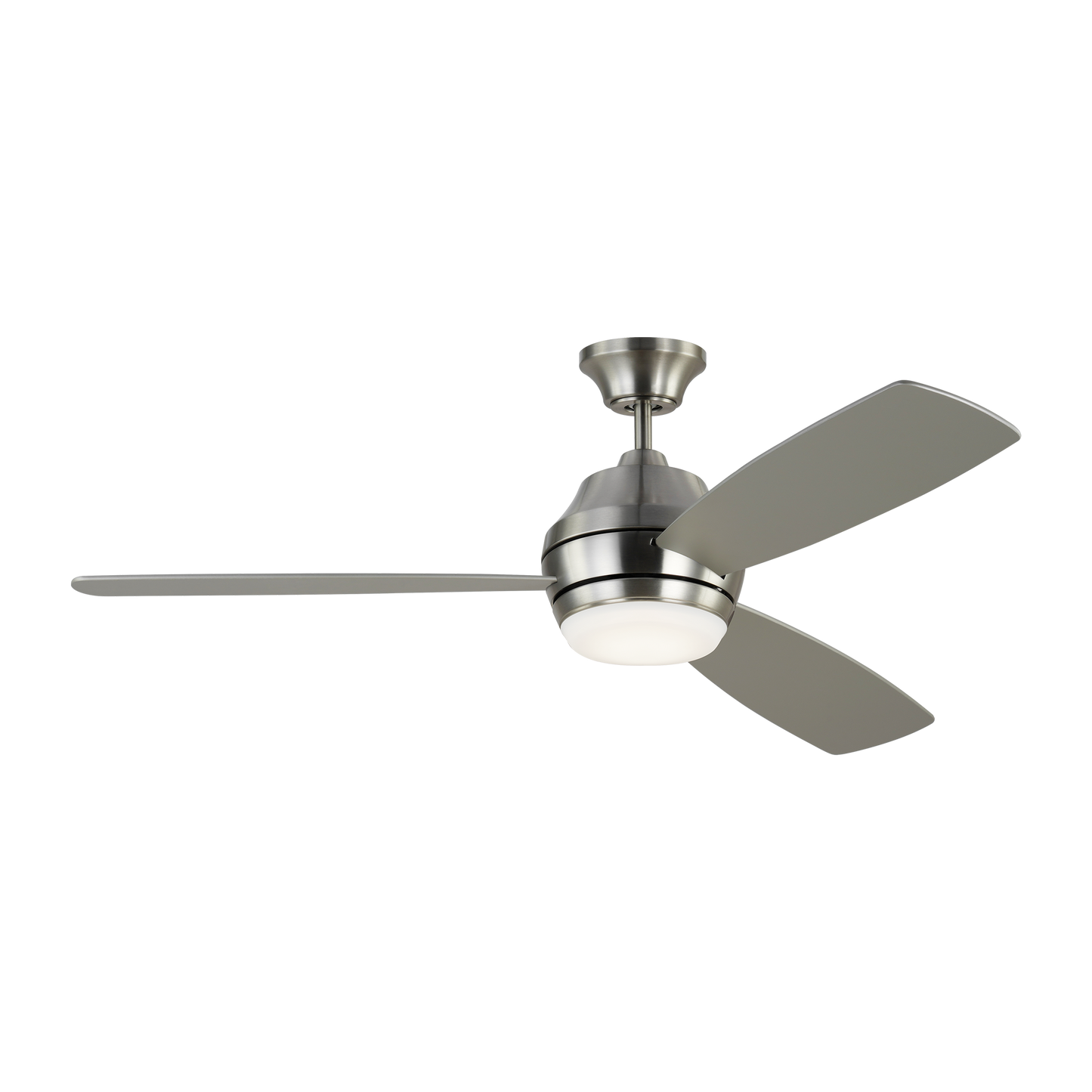Ikon 52-inch indoor/outdoor integrated LED dimmable ceiling fan in brushed steel silver finish with silver blades, light kit, and handheld remote control included
