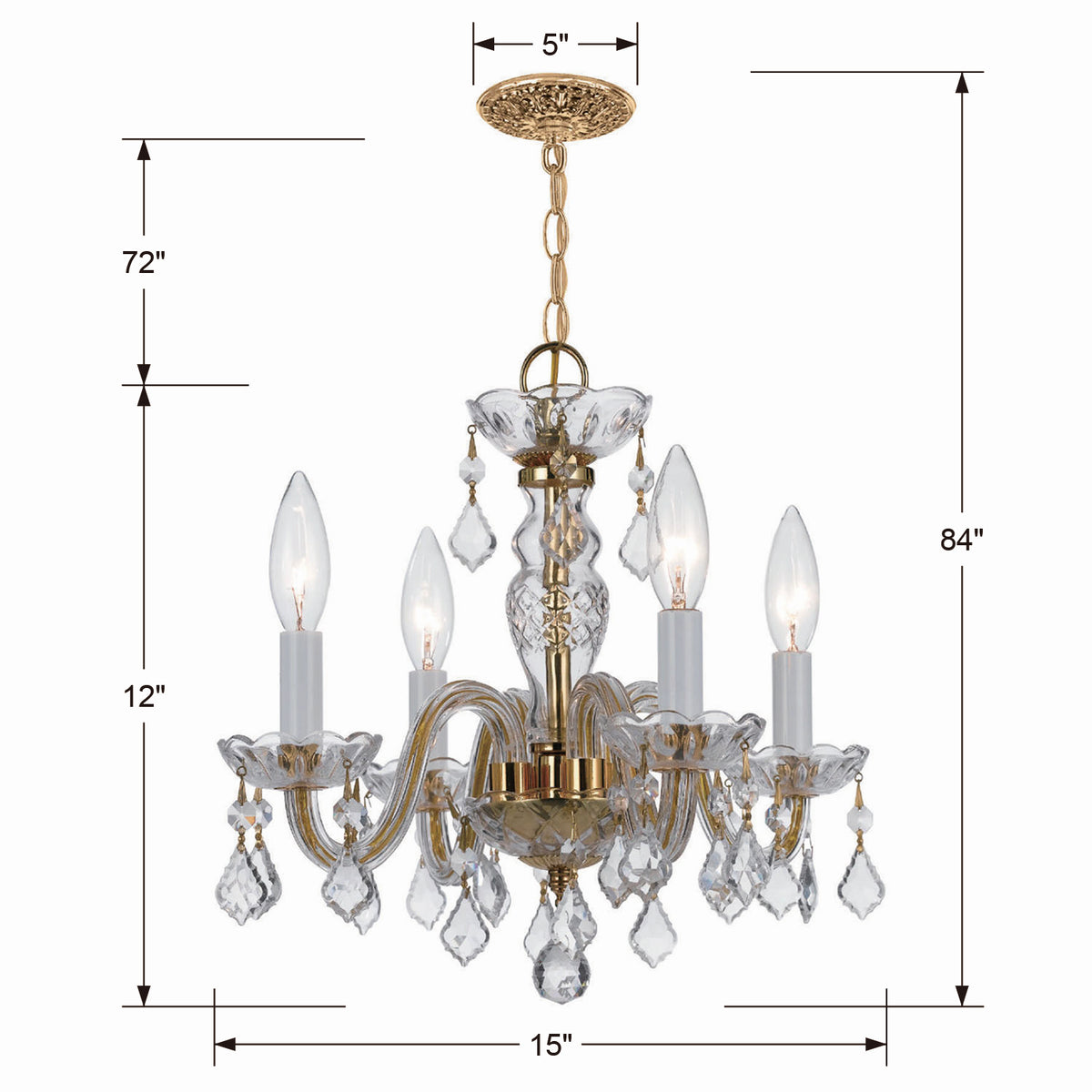 Traditional Crystal Four Light Mini Chandelier in Polished Brass